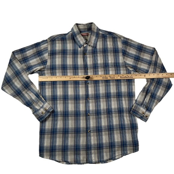 Wrangler Shirt Men's Long Sleeve Collared Plaid Button Up Blue Cream Tan Medium - Picture 5 of 11